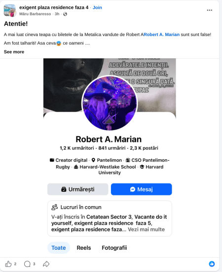 scam metallica concert bilete false horia constantinescu prevenire cristian iosub asociatie