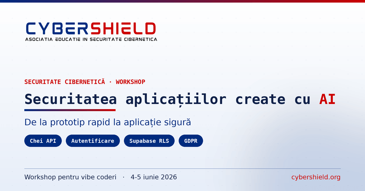 Banner Securitatea aplicațiilor create cu AI, de la prototip rapid la aplicație sigură, workshop CyberShield