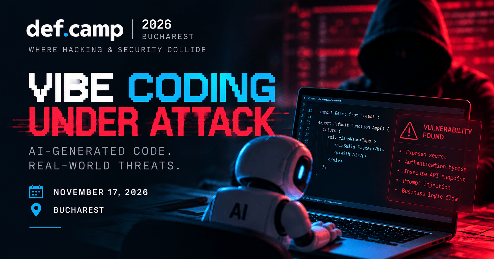 Cristian Iosub va susține la DefCamp 2026 workshopul „Vibe Coding under Attack”, despre securitatea aplicațiilor dezvoltate cu AI, offensive security și testare practică.