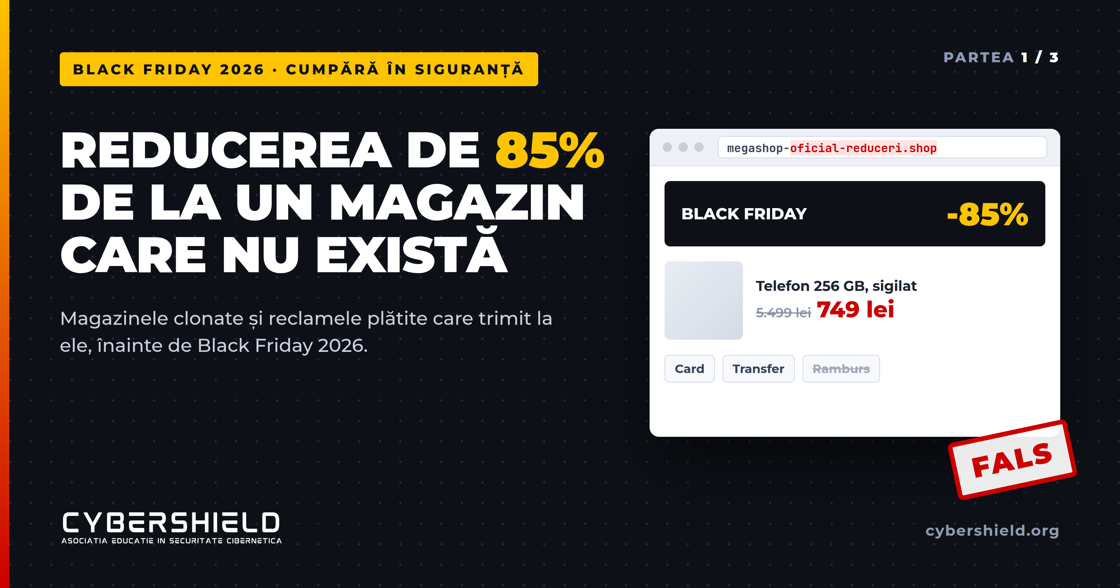 Magazin online fals de Black Friday 2026 cu reducere de 85%, marcat fals