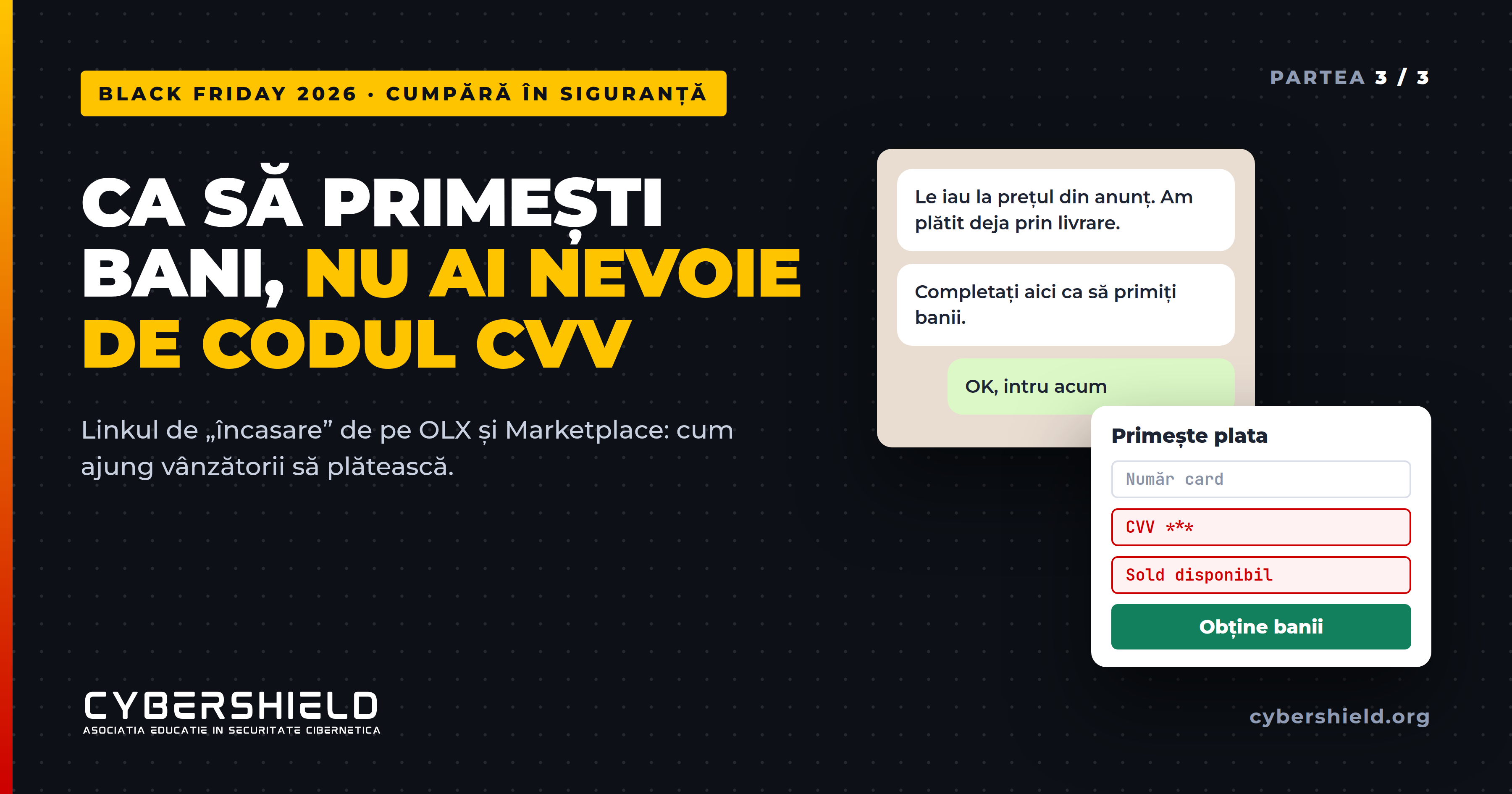 Înșelăciune OLX: conversație cu un fals cumpărător și formular care cere codul CVV