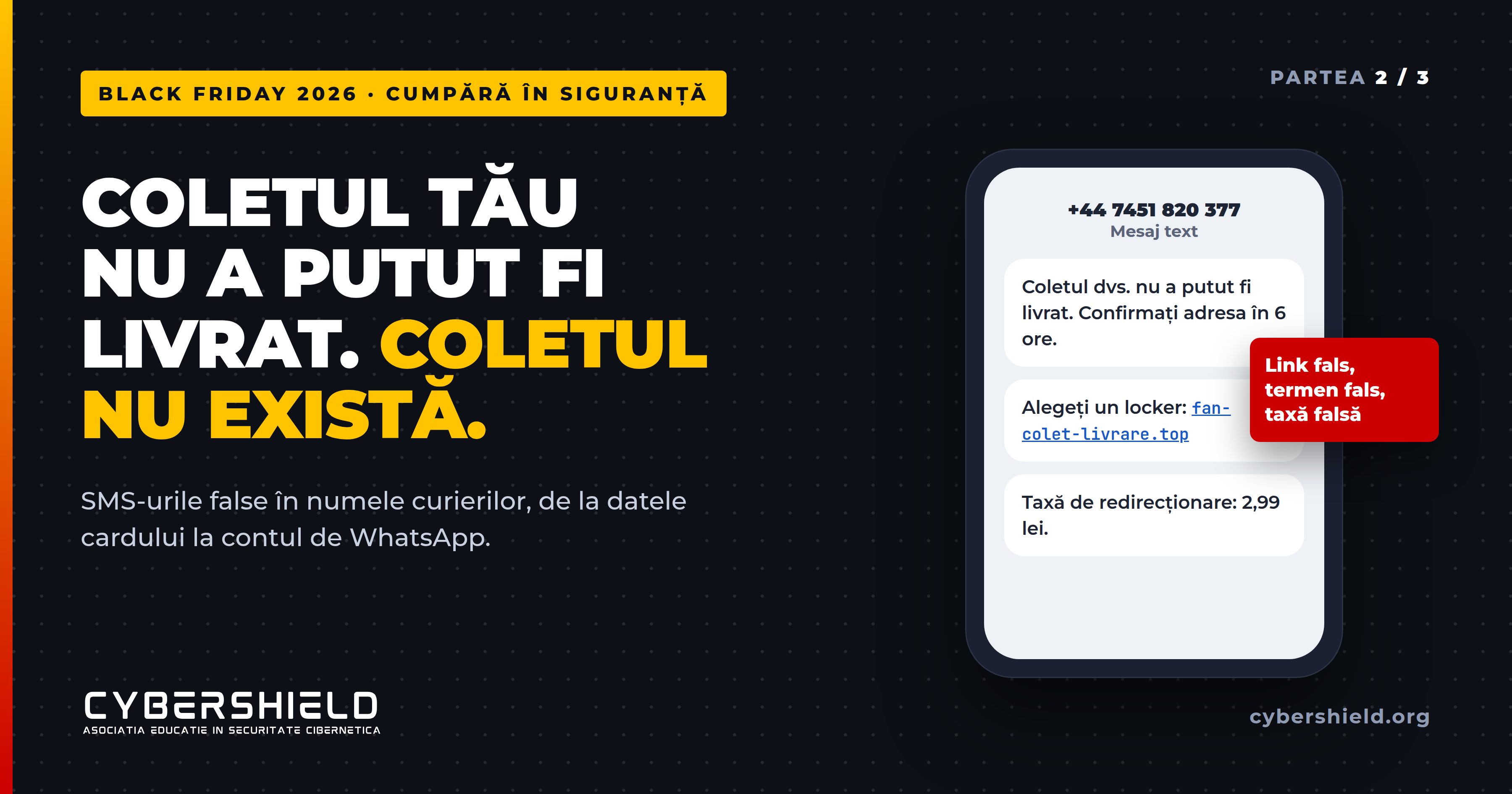 SMS fals de la curier despre un colet nelivrat, cu link, termen și taxă false