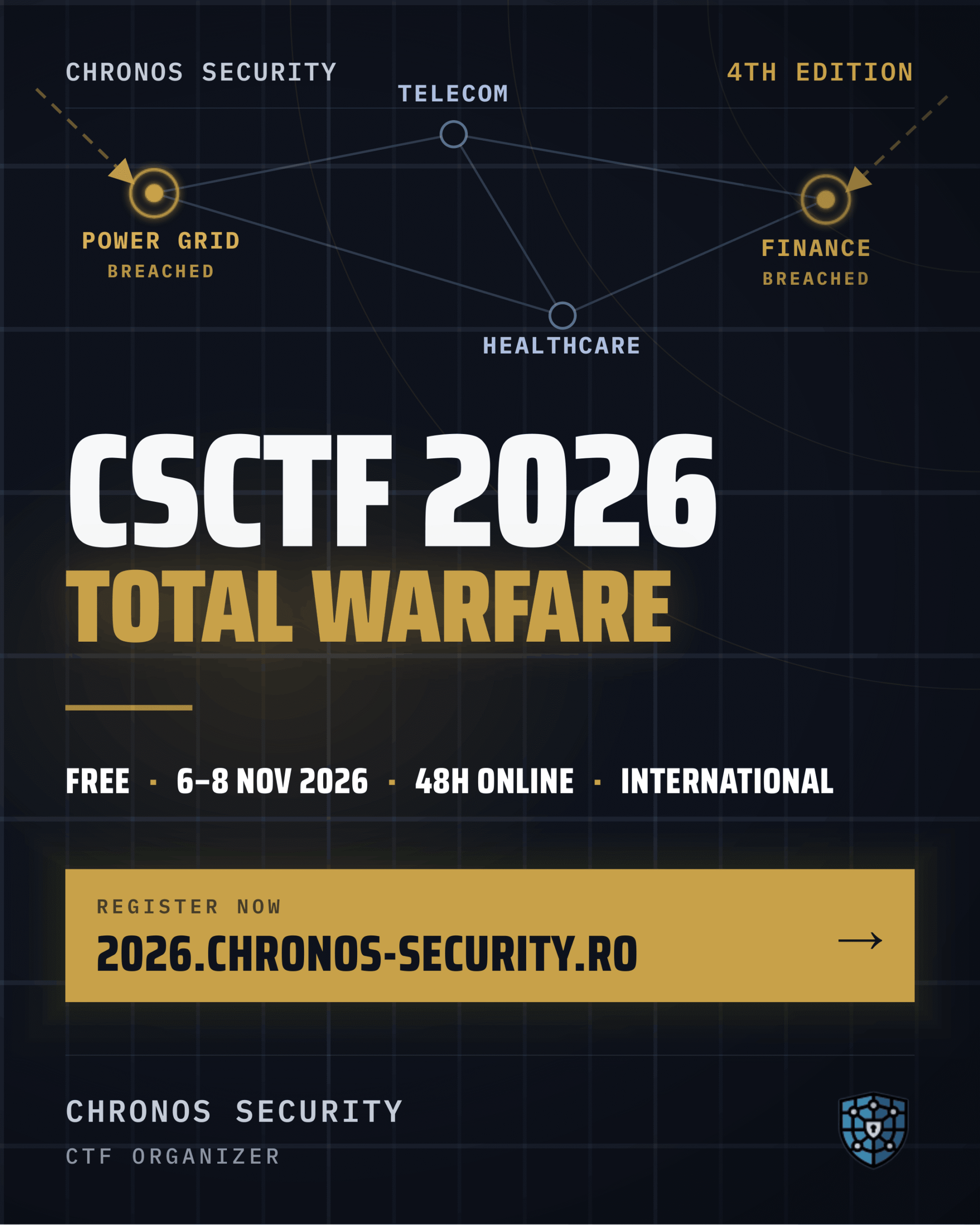 Posterul CSCTF 2026: Total Warfare, 6-8 noiembrie 2026, 48 de ore online, participare gratuită