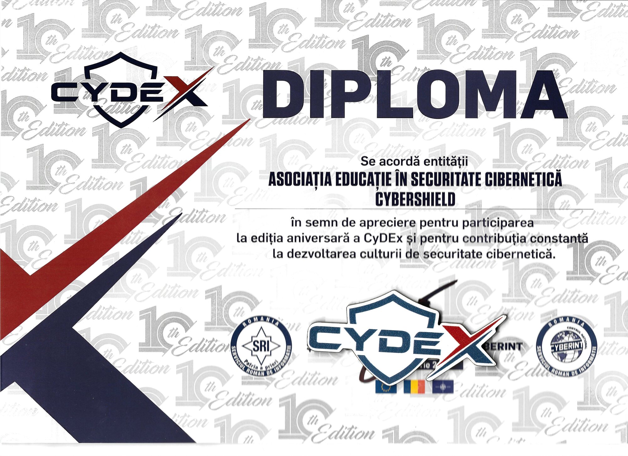 Diploma CyDEx 2026 acordată Asociației Educație în Securitate Cibernetică CyberShield la ediția a 10-a a exercițiului național de securitate cibernetică